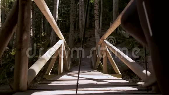 两个徒步旅行者背着背包在森林里的木桥上行走后景视频的预览图