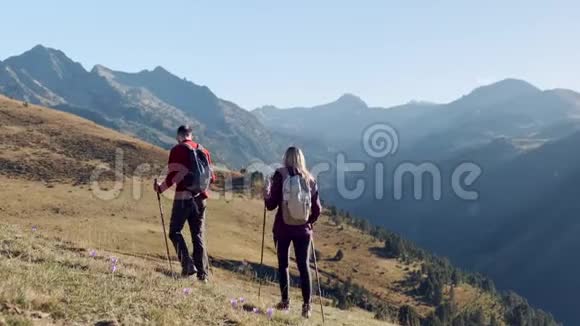 两个徒步旅行者带着背包步行同时看着山上的风景后景视频的预览图