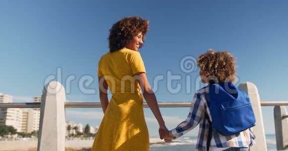 妈妈和儿子在海滩上牵手视频的预览图
