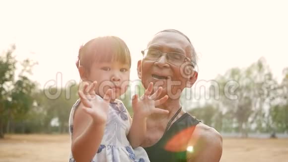 快乐的爷爷和孙女微笑着看着夏日公园里的相机家庭关系概念视频的预览图