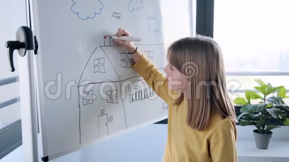 小女孩在家里用马克笔在白板上画画视频的预览图
