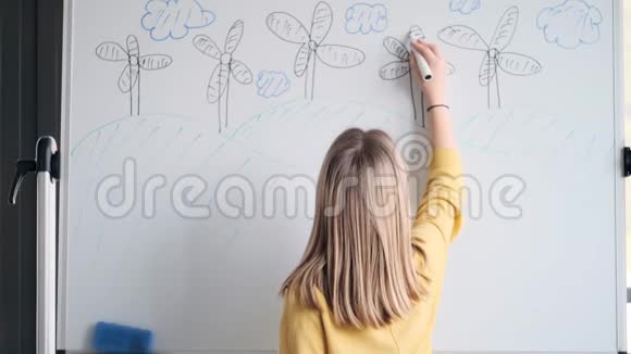 小女孩用记号笔在白板上画了一个公园然后在家里看着相机视频的预览图