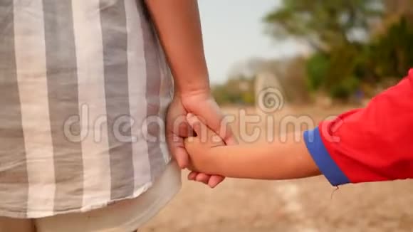 后景亚洲妈妈牵着小女儿的手一起在田野里散步有爱和关系的母亲和孩子视频的预览图