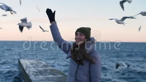 穿着温暖夹克的女孩被海鸥包围视频的预览图