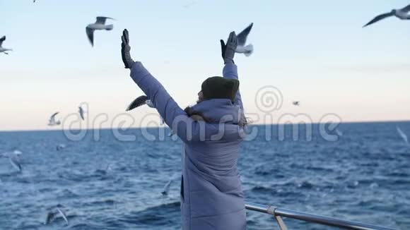 穿着温暖夹克的女孩被海鸥包围视频的预览图