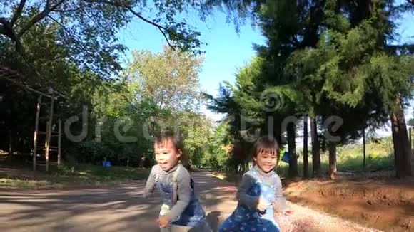 两个兄弟姐妹在夏天的公园里玩得很开心幸福家庭和童年的概念视频的预览图