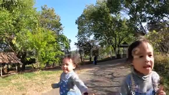 两个兄弟姐妹在夏天的公园里玩得很开心幸福家庭和童年的概念视频的预览图