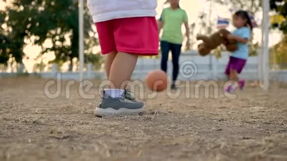 年轻的母亲和她的女儿在一个夏天的公园里一起玩足球幸福家庭和童年的概念视频的预览图