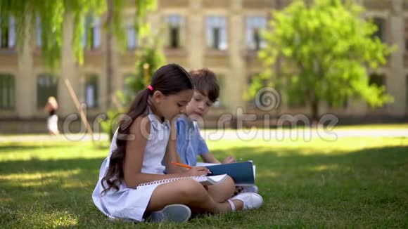 小男孩和小女孩坐在学校附近的书堆里视频的预览图