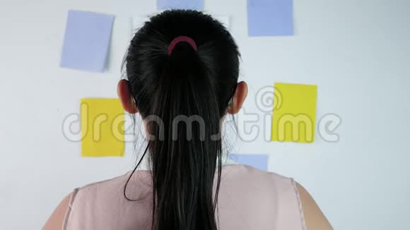 强调亚洲女性企业在白板上写商业计划并对办公室工作感到不安视频的预览图
