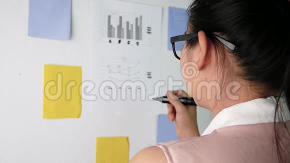 自信的亚洲女性商业写作商业计划并将她的想法放在白板上女人思考和做记录视频的预览图