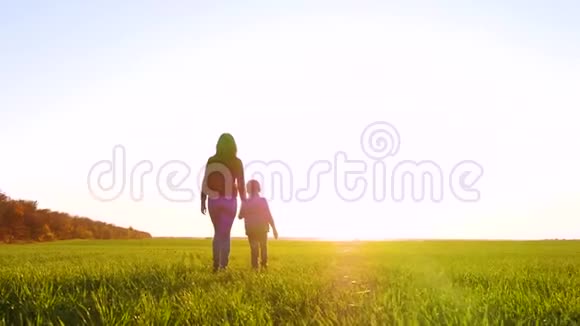 母子俩走在一片绿油油的田野上互相牵着双手一个女人和一个孩子要见的剪影视频的预览图