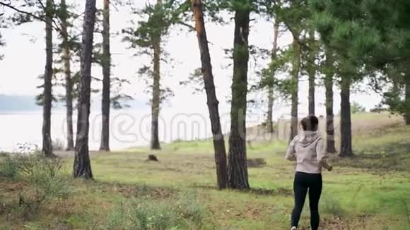 这个女孩跑步是为了减肥一个女孩在松树间穿过树林视频的预览图