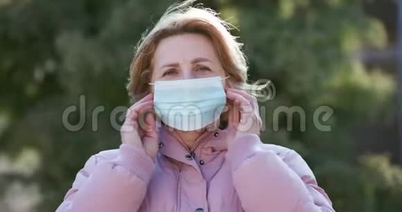 女性脱下医疗面罩隔离在绿色背景户外深呼吸微笑着看着相机健康视频的预览图