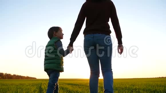 幸福的一家人母子俩靠着夕阳走过一片绿油油的田野互相牵着的手视频的预览图