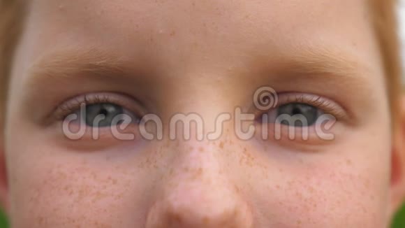 蓝色的眼睛小快乐的男孩眨着眼睛看着镜头有一个快乐的景象年轻可爱的脸庞肖像视频的预览图