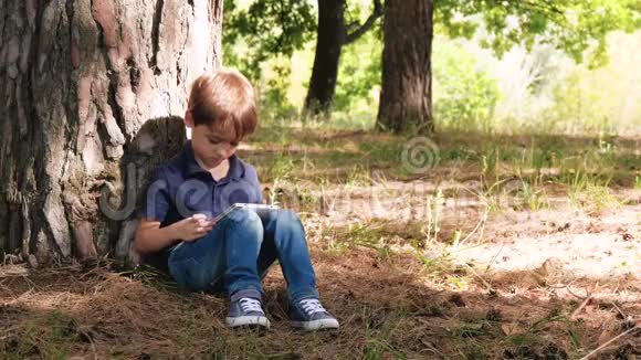 孩子在平板电脑里玩坐在森林背景的一棵树旁第z代概念儿童和视频的预览图