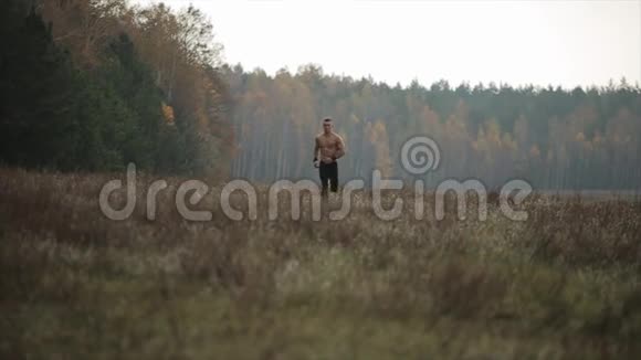 肌肉男赤裸的躯干穿过田野正面观点视频的预览图