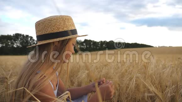 快乐的小孩子戴着草帽手里拿着谷穗坐在麦田里漂亮的小姑娘视频的预览图