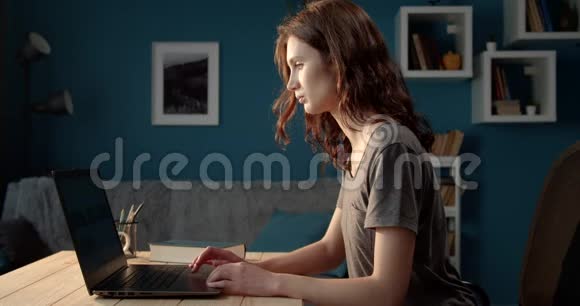 年轻女士坐在自己的公寓里用笔记本电脑工作视频的预览图