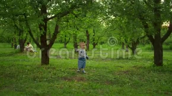 可爱的幼儿在森林里散步两个兄弟姐妹在外面玩球视频的预览图