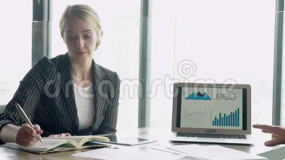 经理会议和讨论报告统计图表屏幕笔记本电脑有关财务视频的预览图