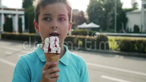 闭上可爱的男孩吃冰淇淋轻松的孩子在游乐园散步视频的预览图