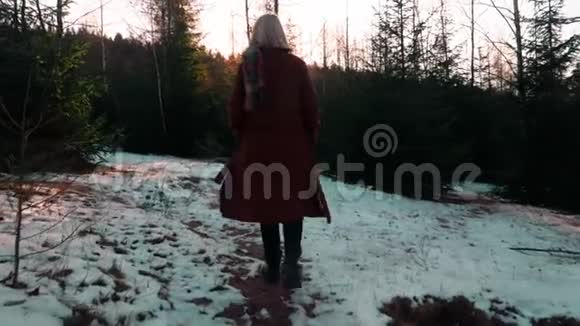 穿着外套的年轻金发女郎穿过一片雪白的森林视频的预览图