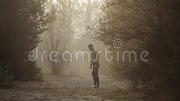 跑步运动员适合肌肉发达的年轻男性跑步者赤裸的躯干在森林里迎着黎明日出冲刺视频的预览图