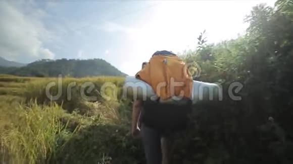 一名徒步旅行者背着背包在尼泊尔徒步旅行自然绿色视频的预览图