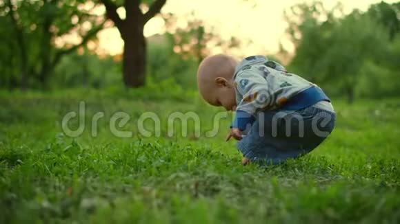 小宝宝在绿色森林里散步把可爱的幼儿关在户外视频的预览图