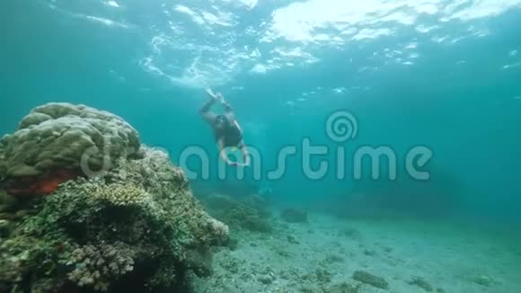 一个雌性浮潜者在深蓝色的海洋中游泳里面充满了珊瑚视频的预览图
