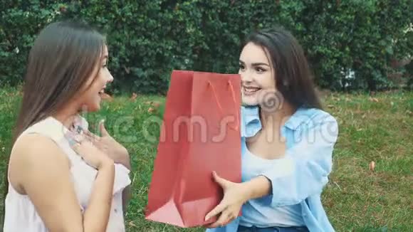 两个漂亮的女孩坐在公园的长凳上布鲁内特给她的金发朋友买了一件新的脱光上衣视频的预览图