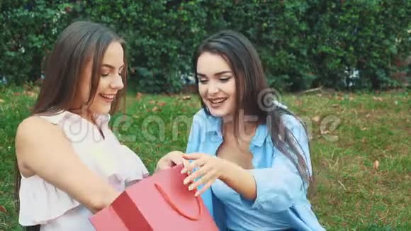 两个漂亮的女孩坐在公园的长凳上布鲁内特给她的金发朋友买了一件新的脱光上衣视频的预览图
