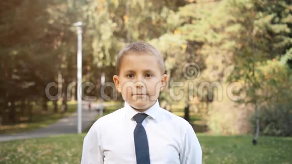 一幅八岁男孩的画像他是一个在公园里有商业风格的英俊男孩视频的预览图