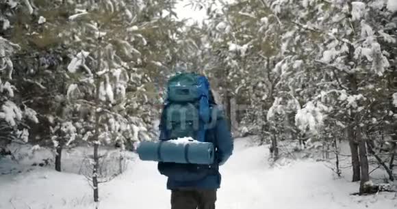 背着背包走过冬林的有胡子的徒步旅行者视频的预览图
