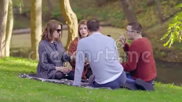 一群快乐的年轻朋友在公园里庆祝视频的预览图