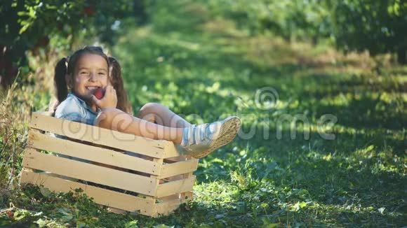 穿着蓝色T恤的小女孩在户外微笑着咬着一个红苹果女孩坐在木箱里复制空间4K视频的预览图