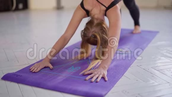 穿黑色运动服的灵活健身女子练习瑜伽站在面向狗的俯下姿势乌尔德瓦穆卡视频的预览图