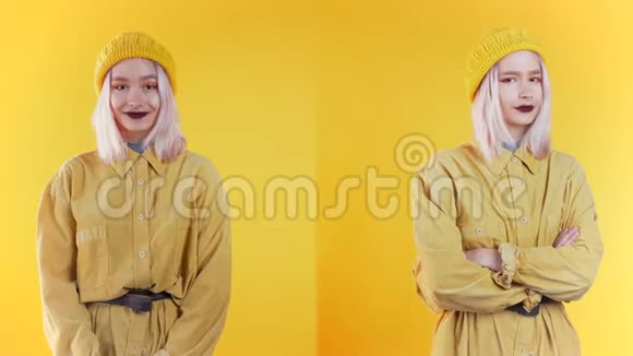 摄影棚黄色背景下年轻少女的肖像女人的情感视频的预览图
