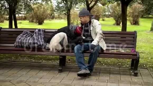 一对无家可归的夫妇一对男女在城市公园的长椅上视频的预览图
