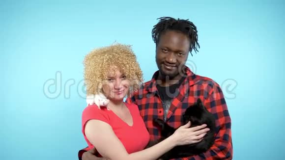 一对非洲男性和一个高加索女人在一起抱着一只黑猫和一只白老鼠蓝色背景视频的预览图