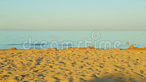 日出后平静的海洋和沙质海岸视频的预览图