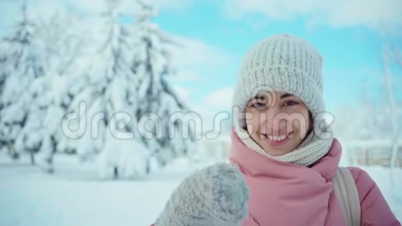 可爱的微笑女孩在温暖的粉红色公园的肖像在白雪皑皑的冬林中摆姿势视频的预览图