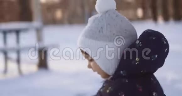 一个蹒跚学步的小女孩在冬天天探索户外视频的预览图