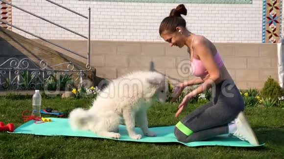 穿着运动服的黑发女孩坐在瑜伽垫上和她的小宠物狗在户外玩耍和亲吻视频的预览图