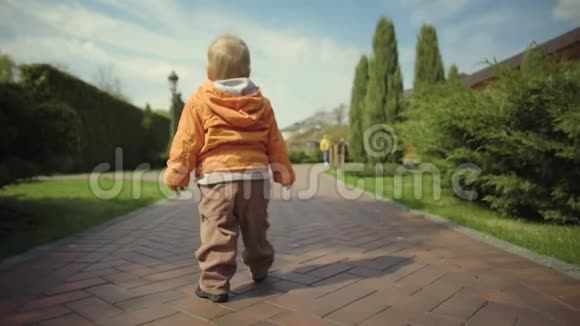 小男孩在草地上行走的后景小男孩慢跑着视频的预览图