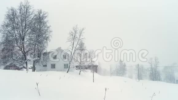 冬季景观与经典木屋在大雪期间视频的预览图