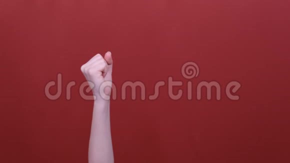 女人的手指着在演播室的红色背景上孤立的共空间广告复制空间视频的预览图