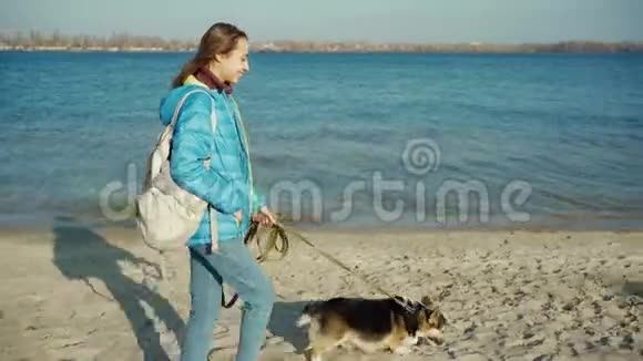 年轻女子与可爱的狗威尔士科尔吉沿着海滩海边视频的预览图